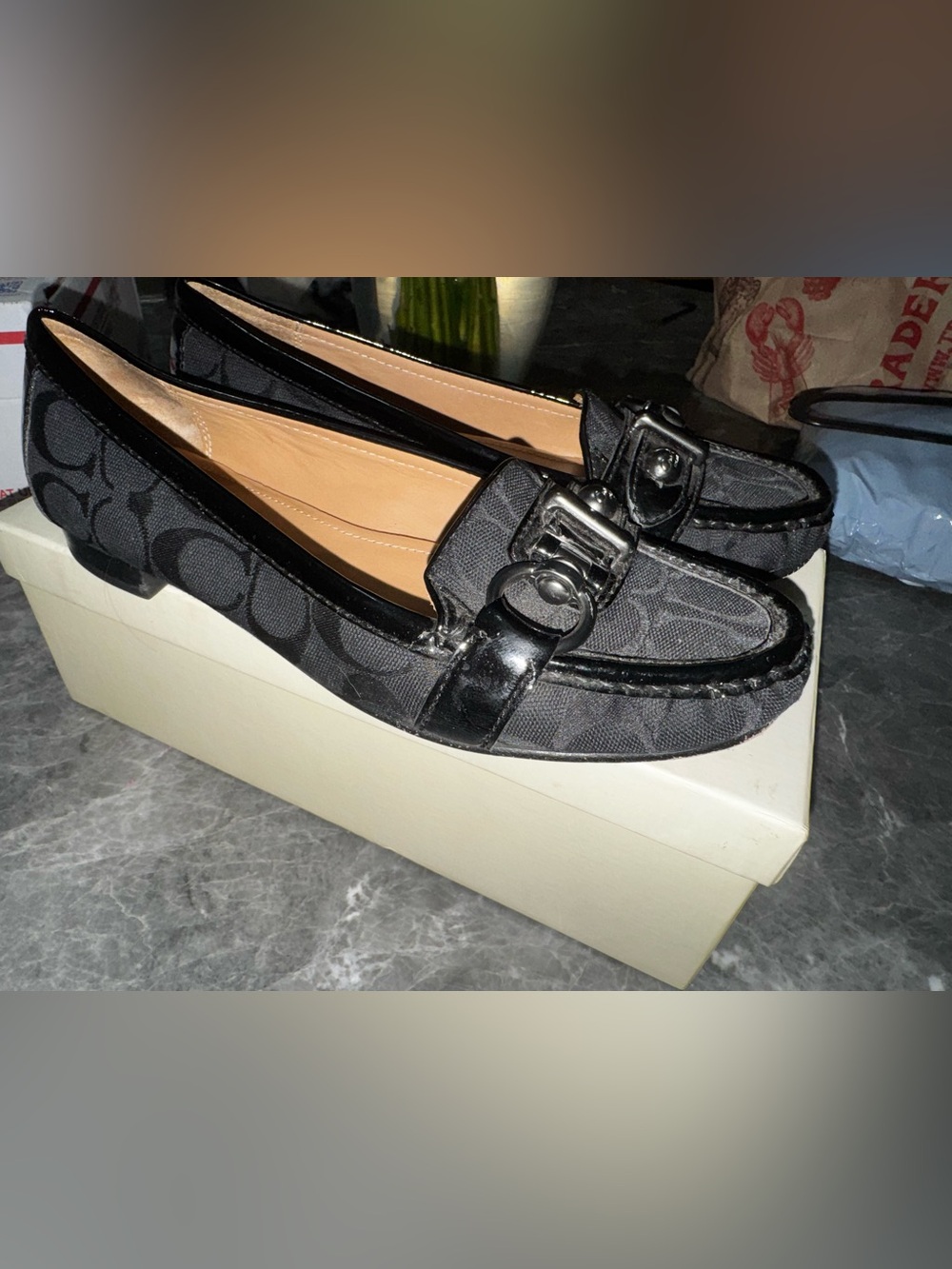 Coach Black Logo Canvas Slip-On Loafers with Silver Buckle